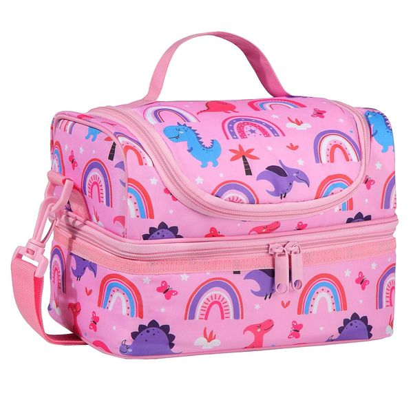 Kasgo Lunch Bag for Kids, Cute Insulated Lunch Box Bag for Boys and Girls Dual Compartments Cooler Bag with Detachable Adjustable Shoulder Strap, Pink Dinosaurs