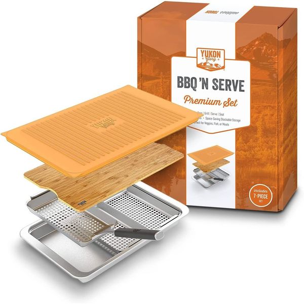 Yukon Glory™ BBQ 'N SERVE Premium Set, Includes 3 Grill Baskets, Serving Tray...