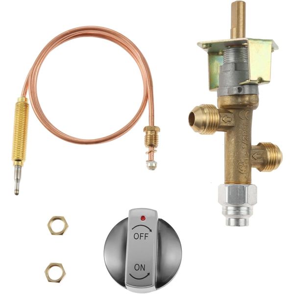 gohantee LPG Safety Control Valve Kit, Low Pressure Propane Flame Failure Safety Control Valve 5/8”-18UNF (3/8" Flare Inlet & Outlet) with Thermocouple Knob Switch Kit for Propane Fire Pit, Fireplace