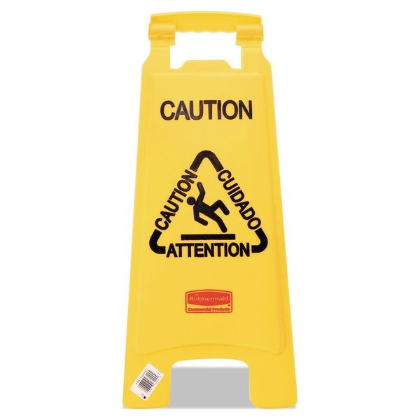 Rubbermaid Commercial Products Multilingual "Caution" Sign, 26-Inch, Yellow, 2-Sided, Floor Warning Sign in Public Spaces