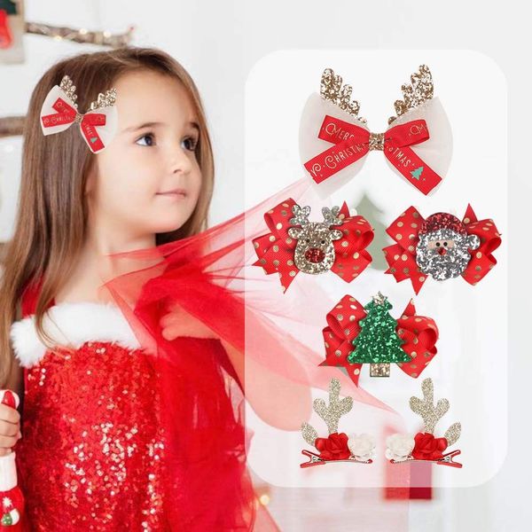 IYOU Christmas Hair Clips Set Bow Reindeer Antler Hair Accessories Flower Hair Pieces Hairpins for Women and Girls for Christmas Party (pack of 6)