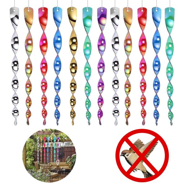 Wleozys 12Pcs Reflective Bird Deterrent Rods, 7colors Bird Repellent Rods, Bird Repellent Wind Twisting Reflective Scare Rods,Hanging Bird Scarer Rods - Keep Bird Away From Your Home, Garden, Patio