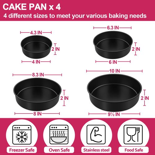 E-far Cake Pan Set of 4 (4 inch/6 inch/8 inch/9½ inch), Nonstick Round Baking Cake Pans for Tier Birthday Wedding Cake, Stainless Steel Core & Non-Toxic Coating, 2 Inch Deep (Black)