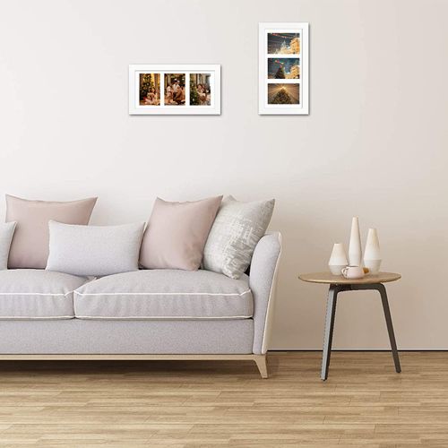 Golden State Art, 7x14 White Photo Wood Collage Frame, for (3) 4x6 Pictures, with White Mat & Real Glass