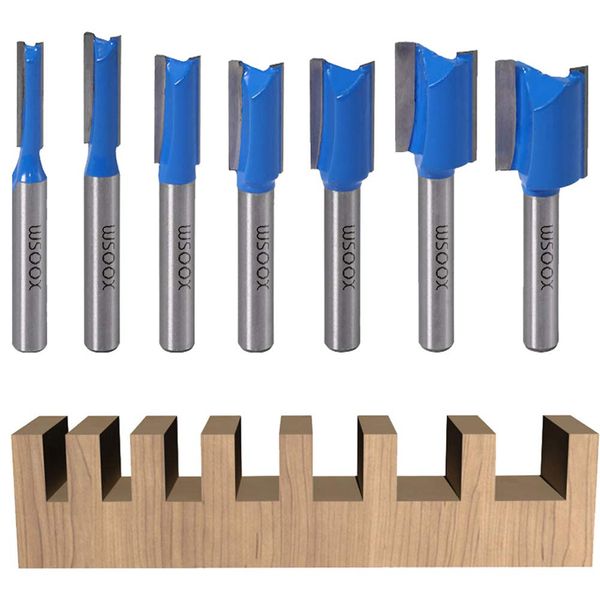 WSOOX 7 PCS Tungsten Carbide Double Flute Straight Router Bit Set with 8mm Shank, Milling Cutter Bits for Woodworking Groove Chisel bits