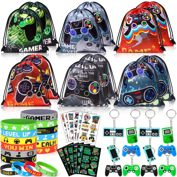 Winrayk 12 Sets Video Game Party Favors Gamer Birthday Supplies, Gaming Drawstring Bags Glow In The Dark Tattoos Stickers, Video Game Gifts Toys Game On Goodie Bag Stuffers Gamer Party favors Supplies