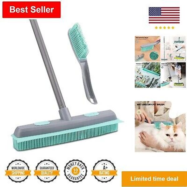 Rubber Broom Carpet Rake - Pet Hair Remover with Squeegee - Portable & Efficient