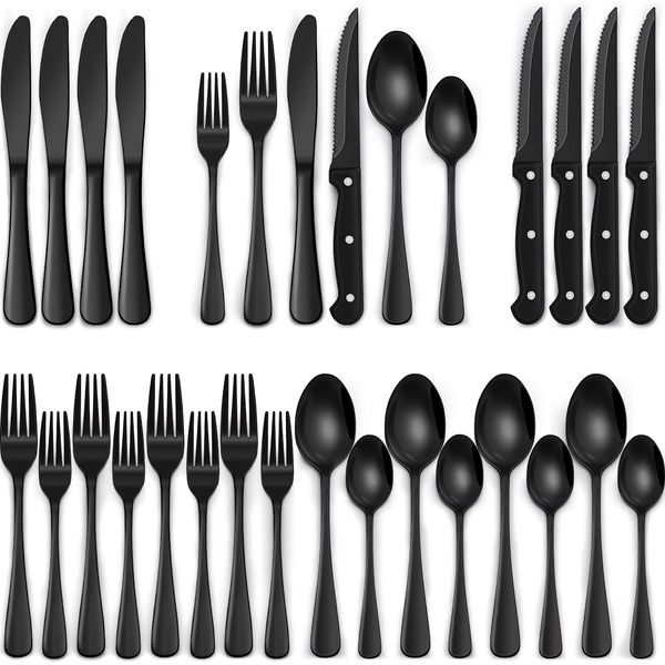 24 Pcs Stainless Steel Silverware Set with Steak Knives - Black Flatware for 4