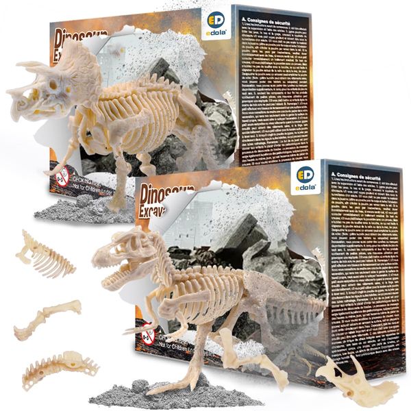 edola Toy Dinosaur Fossil Kit,Dinosaur Dig Kit 2 Pack for Kids, Digging for Dinosaur Bones, Triceratops Tyrannosaurus Fossil Digging Kit for Kids, Boys Girls STEM Science Kit