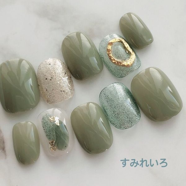 Nail tip false nails bridal nails cute short long design summer nails nail present short nails small nails large nails berry short chibi nails adult nails false nails office nails simple<br> [1758] Moss green nuance painted open oval b/s