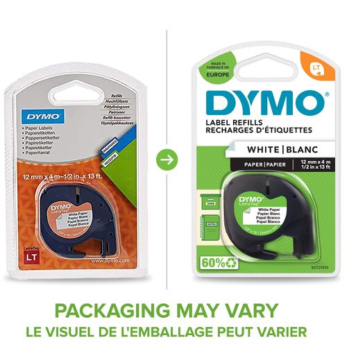 DYMO LetraTag Paper Labels | Authentic | 12 mm x 4 m Roll | Black Print on White | Self-Adhesive Multipurpose Labels for LetraTag Label Makers | Made in Europe