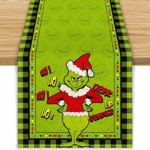 FARMNALL Linen Green Christmas Table Runner Merry Grinchmas Tablecloth Christmas Xmas Winter Holiday Home Kitchen Table Decorations 13x72 Inch