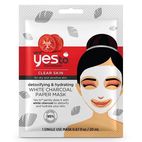 Yes To Tomotoes Detoxifying & Hydrating White Charcoal Paper Mask, For Dry and Sensitive Skin, White Charcoal To Gently Detoxify and Hydrate Dry and Sensitive Skin, 1-Pack