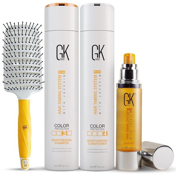 Global Keratin GK Hair Moisturizing Shampoo and Conditioner Set 300ml I Organic Argan Oil Hair Serum 50ml For Frizz Control Dry Damage Hair Repair I Vent Brush (2.5 Inch) Rubber Handle