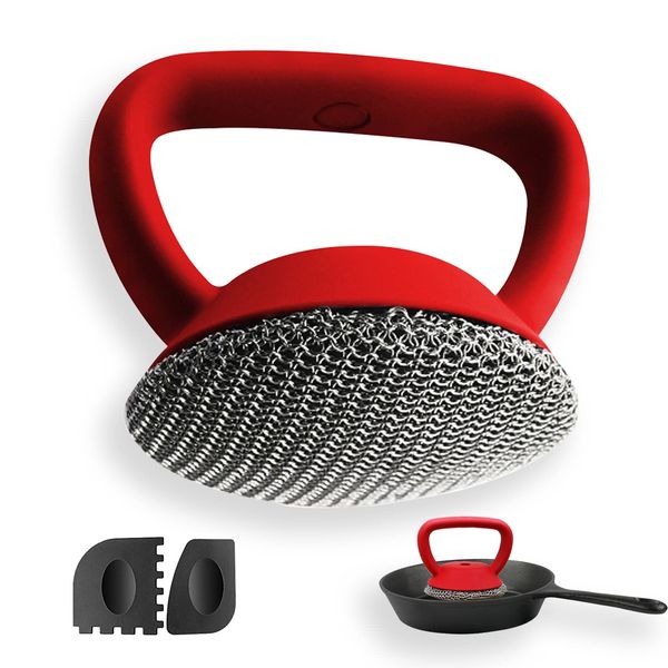 MEIXINZHI Cast Iron Scrubber, Cast Iron Skillet Cleaner+2 Pan Grill Scrapers Chain Mail to Clean Cast Iron Chain Mail Scrubber Cast Iron Chainmail Scrubber for Cast Iron Skillet (Red)