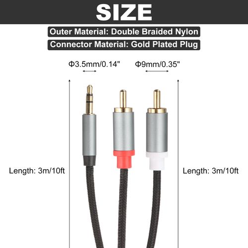 DMiotech 3.5mm to RCA Cable, 10ft 2 RCA Male to Aux Audio Adapter RCA Y Splitter for Smartphones, Speakers, HDTV, Tablets, Home Theater