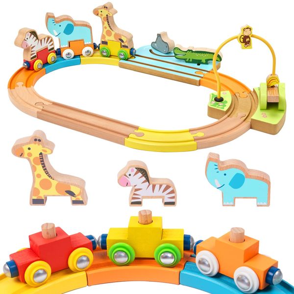 Train Set for Toddlers 18 Months+ Animal Wooden Train Set Toys for Toddler, Montessori Toys for 2 Year Old, Magnetic Train Toys with Wooden Train Track fits Brio, Railway Set