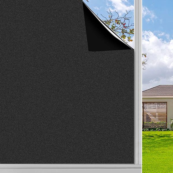 Finnez Blackout Window Film Privacy, No Glue Static Cling, Anti UV, 100% Light Blocking Black Window Film for Home or Office(Black 35.4 x 78.7 Inches)