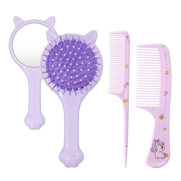 Bmeigo 3pcs Girls Hair Brush and Comb Set - Hair Detangling Brush with Mirror Wide Tooth Hair Styling Combs Detangler Baby Comb Set for Kids Curly Straight Long Hair, Purple Cute Cat