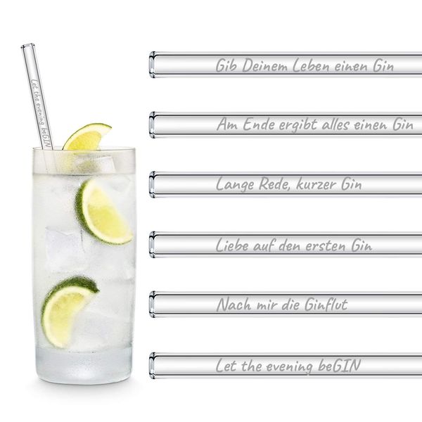 HALM Glasstrohhalme Gin Geschenkset 6 lustige Sprüche auf 20 cm Glas Strohhalmen graviert in Deutsch Glastrinkhalme als Gin Tonic Geschenk