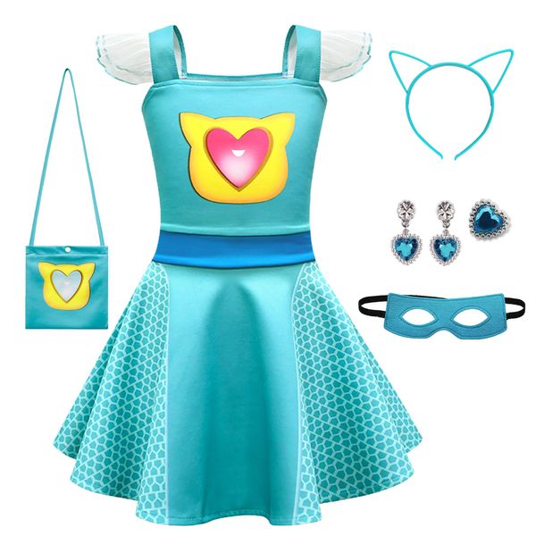 SHELOVESIT Girls Cute Kitties Dress with Mesh Flying Sleeves Movie Character Cat Dress Up Outfits - 130cm/5T-6T - Blue