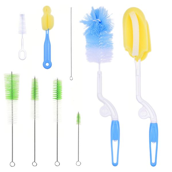 Baby Bottle Cleaning Kit - Set of 9 Cleaning Brushes for Cleaning Baby Milk/Water Bottles, Nipples, Caps, Straws, Tubes, etc. - Makes Your Bottle Sterilising Routine Easier - Safe Food Grade