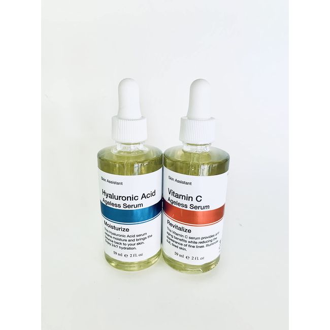 Bundle of Skin Assistant Ageless Serum Hyaluronic Acid Moisturize & Vitamin C Revitalize, 2 fl oz each, total of 2 items, No Box