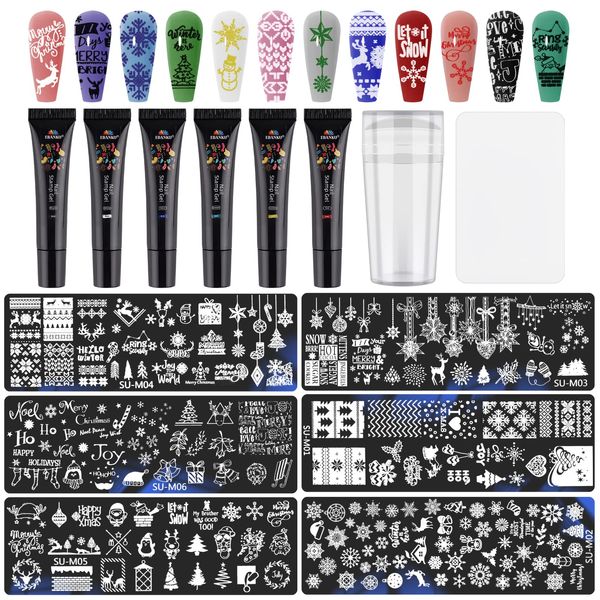 12 Pezzi Nail Art Stamping Kit, EBANKU 6 Colori Nail Stamping Gel Polish con 6 Pezzi Modelli per Unghie Stamper Raschietti in Silicone Fiocchi Neve Babbo Natale Nail Plate Print Strumento per Manicure