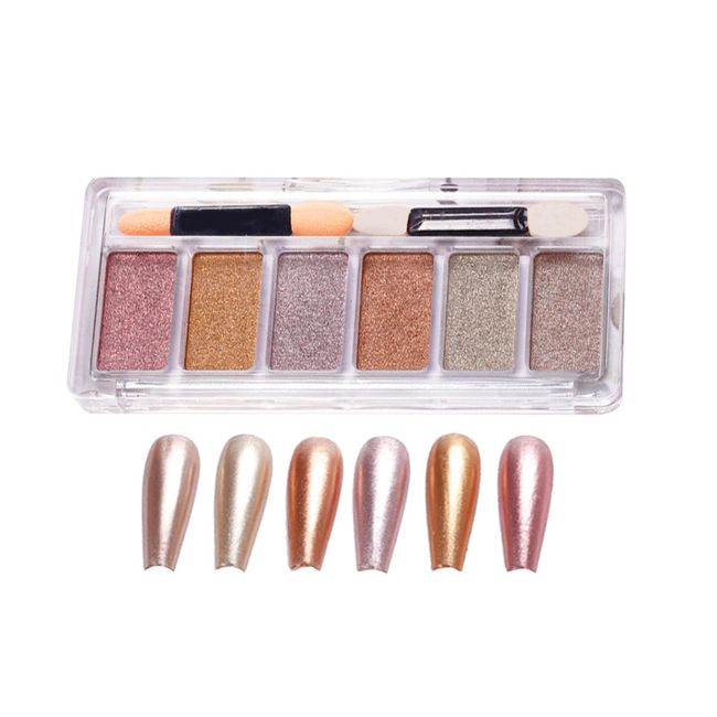 Mirror Powder Nail Powder Solid 6 Color Palette Mirror Nail Powder Nail Art Gel Nail Metallic Nail with Pink Gold Tips (Metallic)