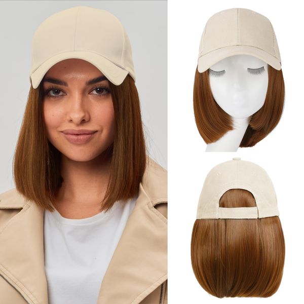 FORCUTEU Baseball Cap with Hair Extensions for Women Short Straight Bob Hairstyle 12 Inch Caps with Hair Attached Adjustable Baseball Cap Wig for Daily Party