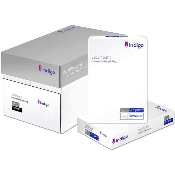 Indigo® A4 Eco-Efficient Paper 80gsm - Printing Printer Copier (5 Reams (1 Box))