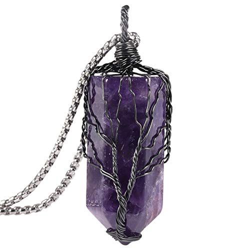Nupuyai Handmade Tree of Life Hexagonal Crystal Point Amethyst Stone Pendant Necklace for Women Men