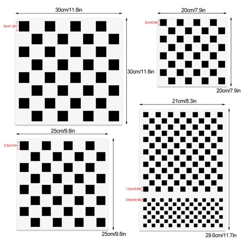 Chess Board Stencils - 4 Pcs Assorted Sizes Reusable Mylar Plastic Templates for Painting on Wood, Pillows, Wall, Scrapbook, Card Making, DIY Craft