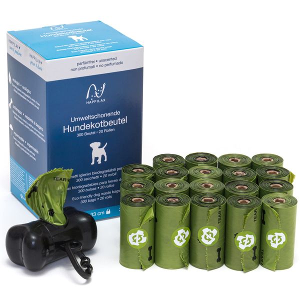 Happilax Organic Dog Poo Bags with Corn Starch - 300 bags, Odourless and Environmentally Friendly with Bag Dispenser - Pet Poops Bags while Walking, Jogging, Running, At Work or Travelling