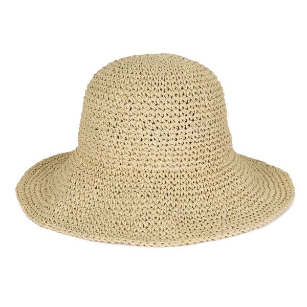 Womens Floppy Straw Sun Hat Foldable Packable Wide Brim Summer Beach Hat Crochet Bucket Hat (A Beige)