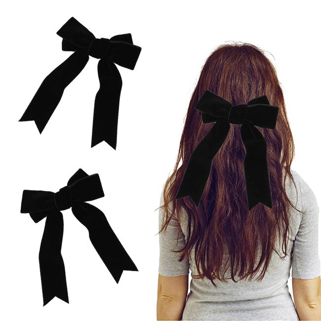 Black Hair Bows for Women,2 Pcs Velvet Hair Bows Black Satin Hair Ribbon  Clips for Hair, Ribbon Bow Hair Clip for Women Girls