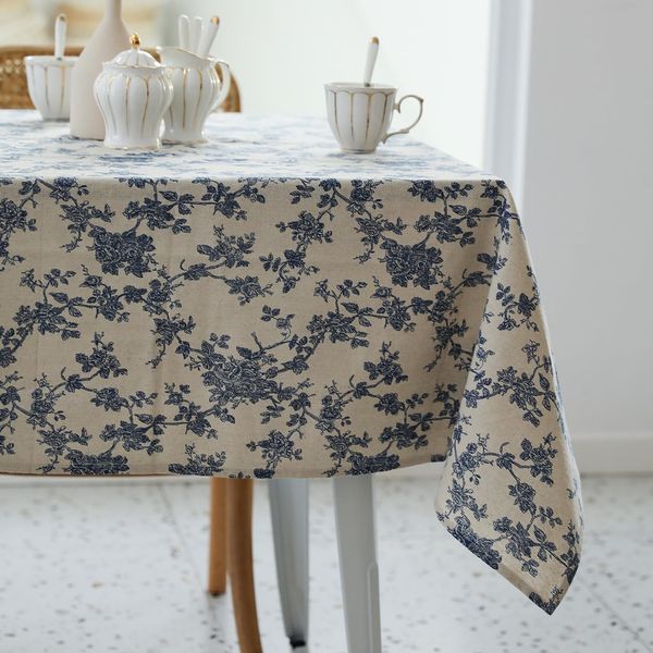 Pastoral Rectangle Tablecloth - 60 x 102 Inch - Linen Fabric Table Cloth - Washable Table Cover with Dust-Proof Wrinkle Resistant for Restaurant, Picnic, Indoor and Outdoor Dining, Floral (Dark Blue)