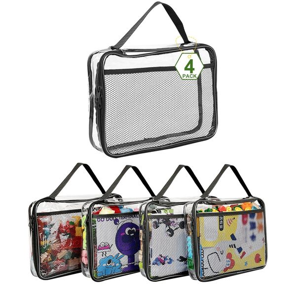 4 Packs PVC Toy Zippered Blocks,11.8"x3" x9"Travel Storage Case Bags for Organizing, Waterproof Toy Storage Bags with Mesh Pockets for Building Blocks, Puzzles, Clays,Toy Cars.(Black).