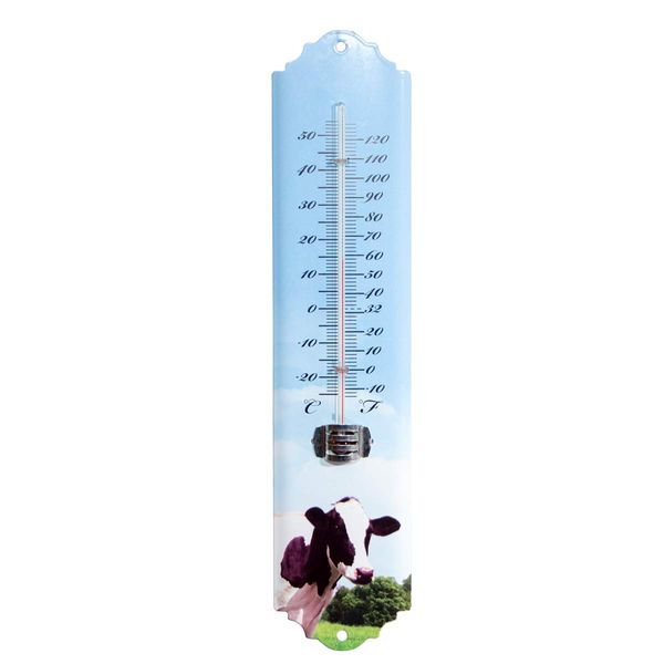 Antikas - Animal Thermometer Made of Iron, Light Blue Painted, Cow Motif