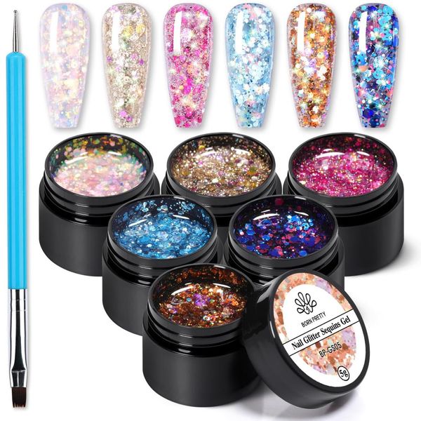 BORN PRETTY Glitter Sequin Gel Nail Polish 6 Colors Sparkly Pink Yellow Blue Gold Gel Nail Polish Kit Soak Off UV Nail Gel Gift Box Nail Art Manicure Varnish Kit 10ml Each