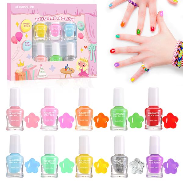 ALIKOSSTOR Kids Nail Polish - Quick Dry Non-Toxic Nail Polish Set for Girls, 10 Rainbow Colors Peel Off Water Based Nail Polish Toys Kit for Toddler Teen