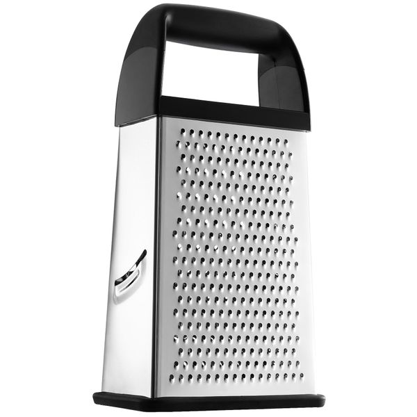 Spring Chef Professional 4 Sided Cheese Grater, Stainless Steel with Soft Grip Handle, Handheld Kitchen Food Shredder Best Box Grater for Parmesan Cheese, Vegetables, Ginger, 10" Black