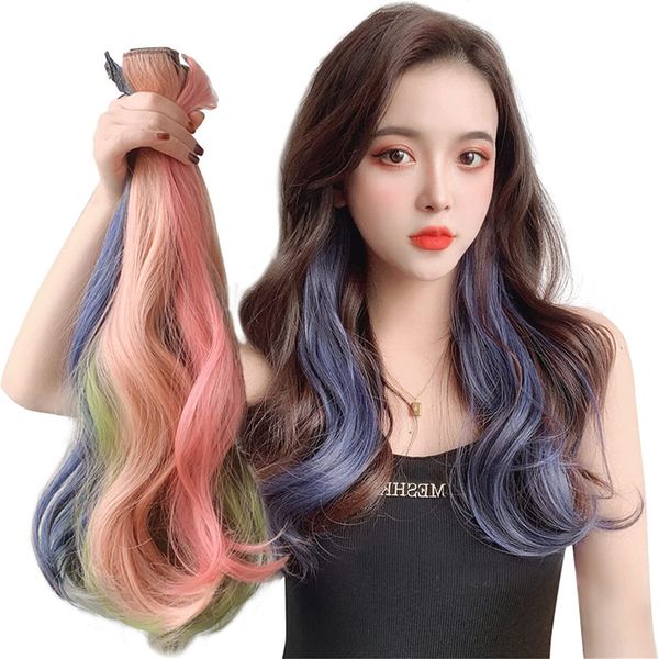 SATPULOT ワンタッチエクステ巻き髪 カラフルエクステ ロング ウィッグ カール グラデカラー ヘアアレンジ ヘアアクセサリー 付け毛 レディース エクステンション カラフルエクステ ウィッグ ワンタッチ クリップ つけ毛 簡単取付 コスプレ耐熱 パーティー ファッション（白茶の灰）