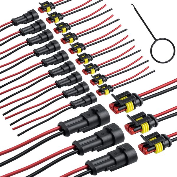 JRready 2 pin Connectors 12Packs, Waterproof 2 Wire Connectors 16AWG (26/0.254) with Extraction Tool DRK-785084 for Car Waterproof Wire Harness connectors (ST9017)