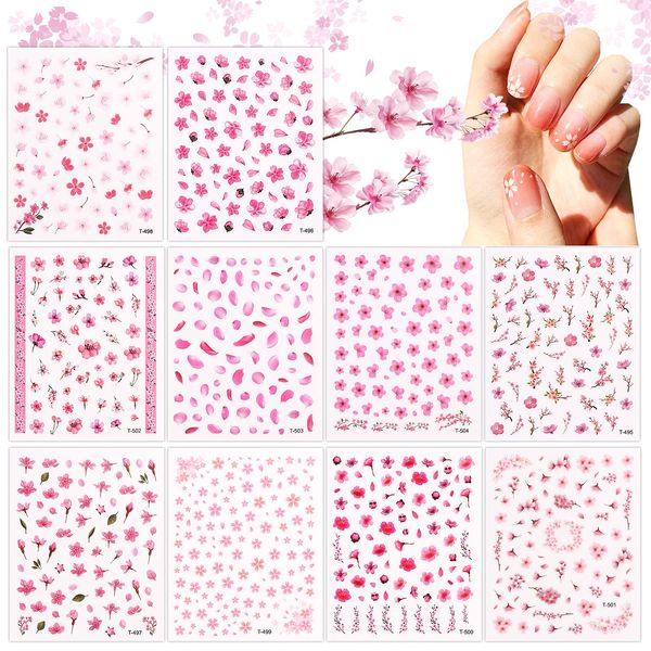 TOROKOM Cherry Blossom Pattern Nail Stickers, 3D Stickers, Nail Art, Design, Nail Decoration, For Adults and Kids, Nail Jewelry (Set of 10)