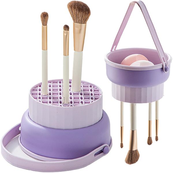 AZNABLE Makeup Brush Cleaner Silicone Cleaning Drying Stand 3 in 1 Hanging (Purple)