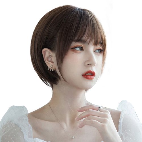 Hawkko Wig, Short Bob, Full Wig, Women's, Straight, Bangs, Extensions, One Curl, Women's, Cross-Dressing, Natural, Heat Resistant, Daily Life, Small Face, Net and Comb Included, chocolate