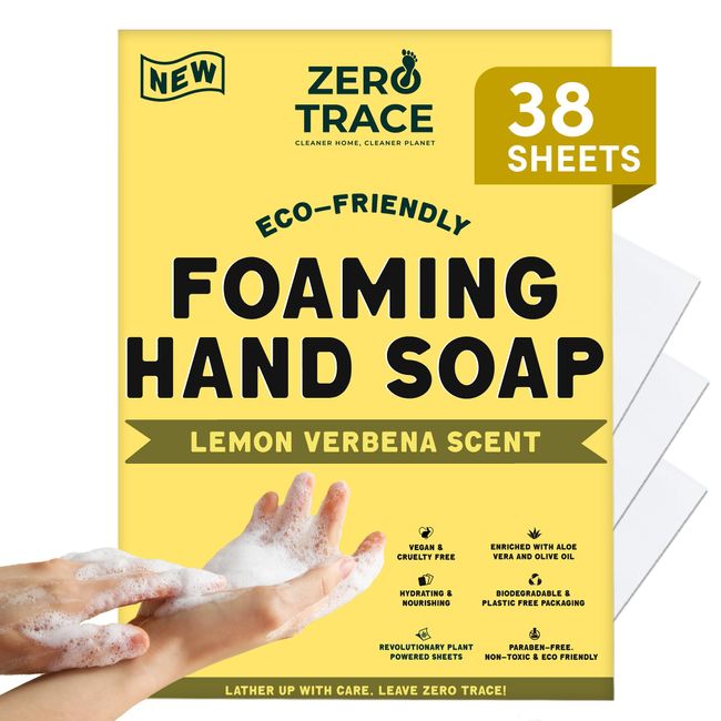 ZERO TRACE Foaming Hand Soap Sheets- Plastic Free Handwash Concentrate - Equivalent To 152 Fl Oz Of Liquid Eco-Friendly Hand Wash Lemon Verbena Scented