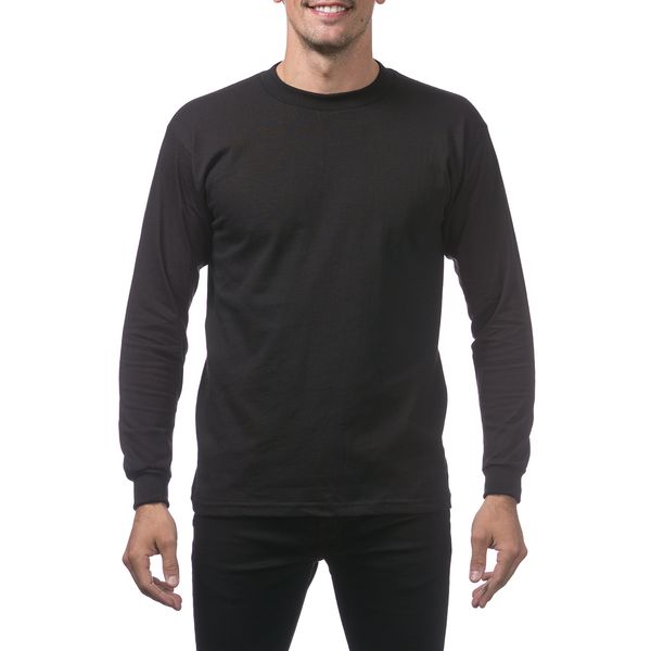 Pro Club Men's Heavyweight Cotton Long Sleeve Crew Neck T-Shirt, Medium, Black