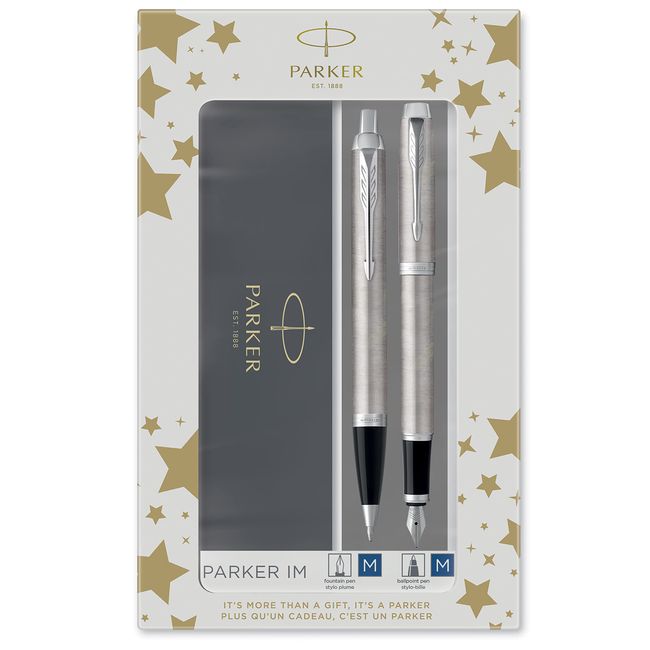 Parker IM Duo-Geschenkset mit Kugelschreiber & Tintenroller | Brushed Metal mit Goldzierteilen | Nachfüllen schwarz | Geschenkbox, 1 stück (1er Pack)